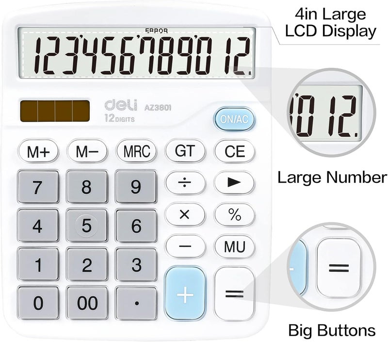 Deli Calculator, Standard Function Desktop Calculators with 12 Digit Large LCD Display and Sensitive Button, Solar Battery Dual Power Office Calculator, White - Image 3